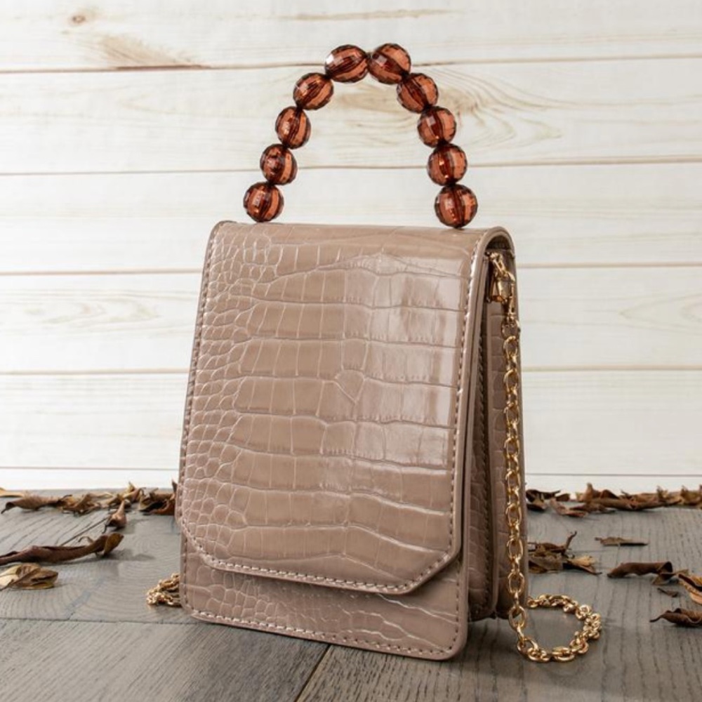 Vegan Leather Croc Clutch w Beads Handle
